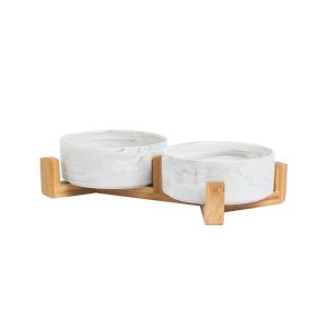 Double Ceramic Bowls with Wooden Stand